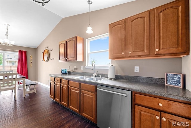 107 Piety Dr, Lake St Louis, MO 63367 - kitchen featuring dishwasher, lofted ceiling, dark wood-style floors, brown cabinetry, and dark countertops