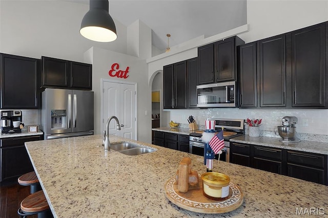 234 Lonepine Dr, Wentzville, MO 63385 - kitchen with appliances with stainless steel finishes, dark cabinetry, light stone countertops, and high vaulted ceiling