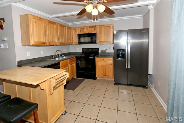 10640 Carroll Wood Way, Saint Louis, MO 63128 - kitchen featuring black appliances, light tile patterned floors, ornamental molding, a ceiling fan, and a peninsula