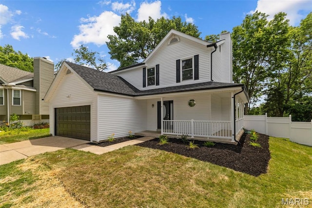 145 Aspencade Cir, Saint Peters, MO 63376 - view of front of house featuring covered porch, a garage, a chimney, driveway, and a shingled roof