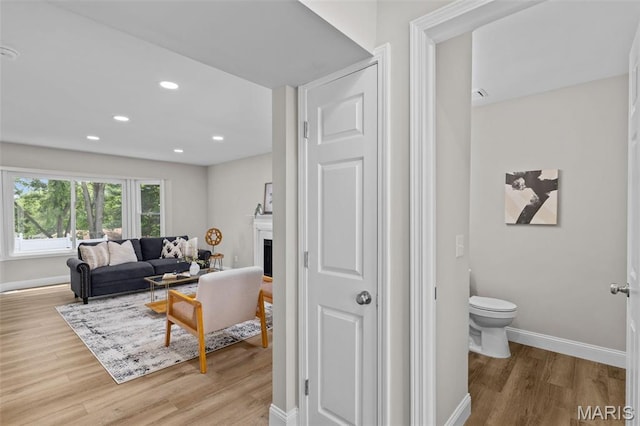 145 Aspencade Cir, Saint Peters, MO 63376 - bathroom with wood finished floors, a fireplace, and recessed lighting