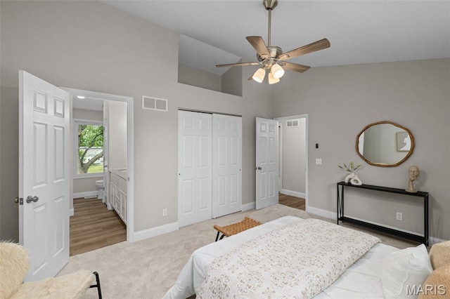 145 Aspencade Cir, Saint Peters, MO 63376 - carpeted bedroom with a closet, high vaulted ceiling, and a ceiling fan