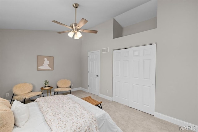 145 Aspencade Cir, Saint Peters, MO 63376 - bedroom with light carpet, high vaulted ceiling, a closet, and a ceiling fan