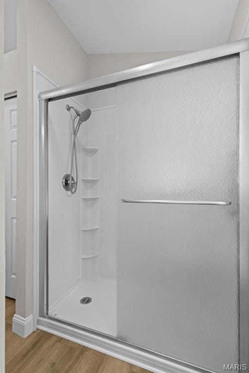 145 Aspencade Cir, Saint Peters, MO 63376 - bathroom featuring a shower stall and wood finished floors