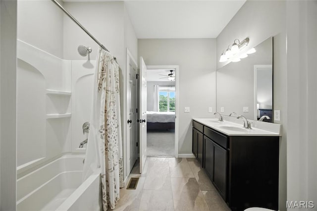 213 Dell View Dr, Arnold, MO 63010 - ensuite bathroom with double vanity, shower / tub combo with curtain, and ceiling fan