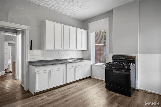 3921 Pennsylvania Ave, Saint Louis, MO 63118 - kitchen with black range with gas stovetop, wood finished floors, white cabinetry, backsplash, and wainscoting