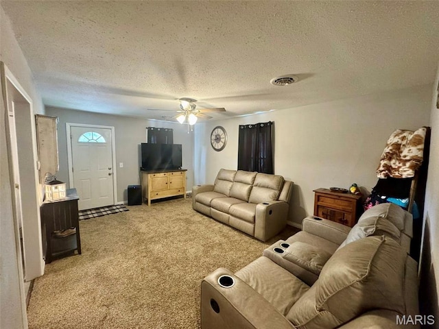 119 N Saint Charles St, Bowling Green, MO 63334 - living room with a textured ceiling, light colored carpet, and ceiling fan