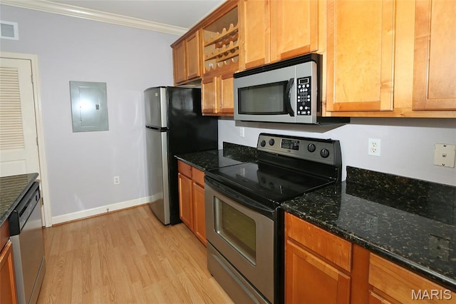 2636 S Mcknight Rd, Rock Hill, MO 63124 - kitchen with stainless steel appliances, electric panel, crown molding, light wood finished floors, and dark stone counters