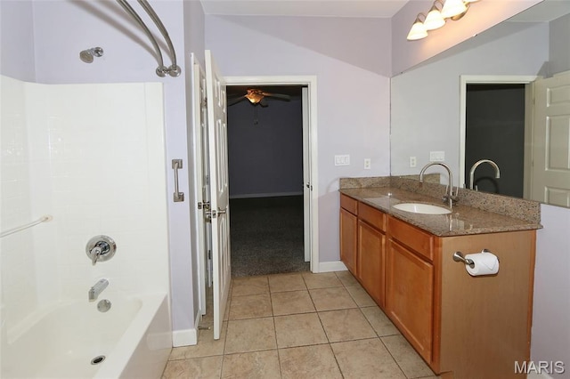 2636 S Mcknight Rd, Rock Hill, MO 63124 - bathroom featuring vanity, tile patterned floors, shower / bathtub combination, and a ceiling fan