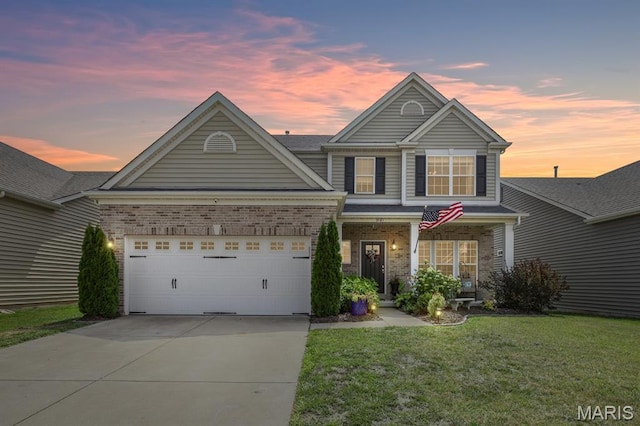 3181 Calhoun Dr, Saint Charles, MO 63301 - traditional-style house with a yard, concrete driveway, an attached garage, and brick siding