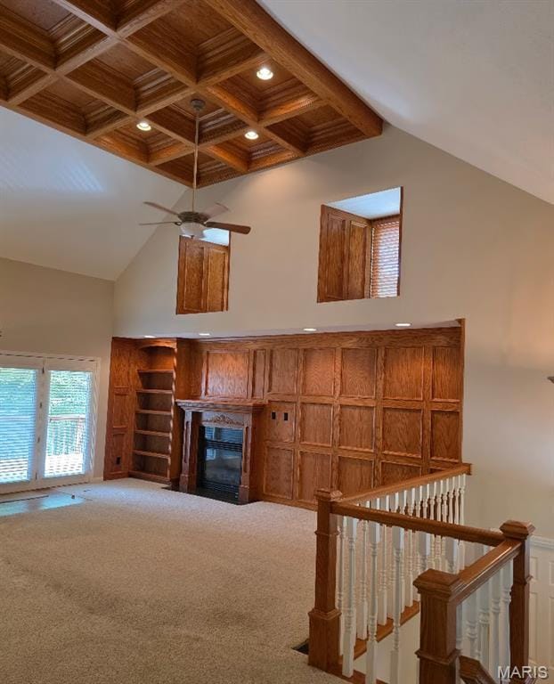 302 Lorean St, Troy, IL 62294 - unfurnished living room with ceiling fan, carpet, a glass covered fireplace, recessed lighting, and high vaulted ceiling