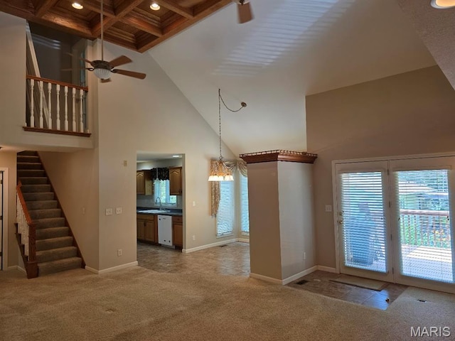 302 Lorean St, Troy, IL 62294 - unfurnished living room with light colored carpet, a ceiling fan, a high ceiling, beam ceiling, and recessed lighting