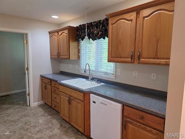 302 Lorean St, Troy, IL 62294 - kitchen featuring dishwasher, dark countertops, recessed lighting, and brown cabinetry