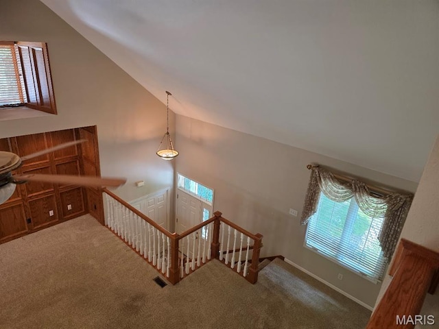 302 Lorean St, Troy, IL 62294 - staircase featuring lofted ceiling, carpet flooring, and plenty of natural light