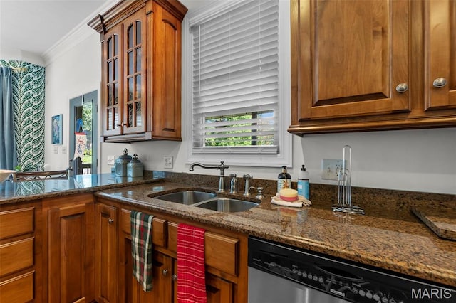 2528 Palomino Dr, Cape Girardeau, MO 63701 - kitchen with dishwasher, crown molding, plenty of natural light, glass insert cabinets, and dark stone countertops
