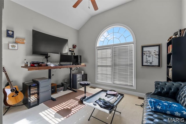 2528 Palomino Dr, Cape Girardeau, MO 63701 - carpeted living room featuring ceiling fan and vaulted ceiling