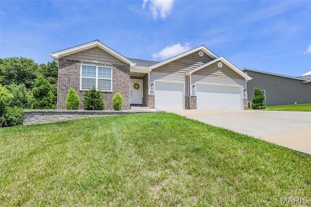 1007 Crows Nest Ct, Caseyville, IL 62232 - ranch-style house with brick siding, a garage, concrete driveway, and a front yard
