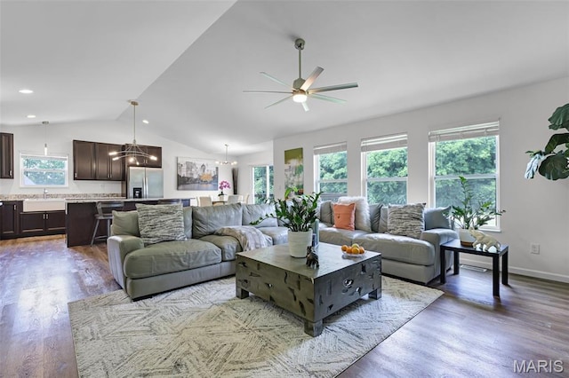 1007 Crows Nest Ct, Caseyville, IL 62232 - living room with lofted ceiling, a ceiling fan, wood finished floors, a chandelier, and recessed lighting