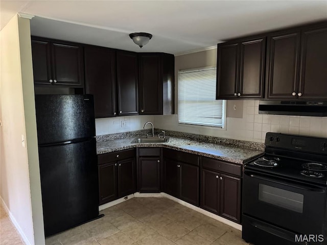 11880 Criterion Ave, Saint Louis, MO 63138 - kitchen with black appliances, under cabinet range hood, decorative backsplash, and light tile patterned floors
