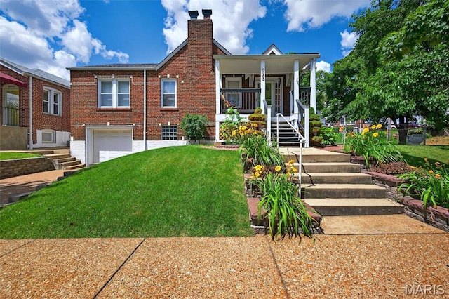 5965 S Cuba Ct, Saint Louis, MO 63139 - view of front of property with stairway, an attached garage, a chimney, and a front lawn