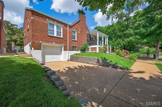 5965 S Cuba Ct, Saint Louis, MO 63139 - rear view of property with driveway, a yard, a garage, a chimney, and brick siding