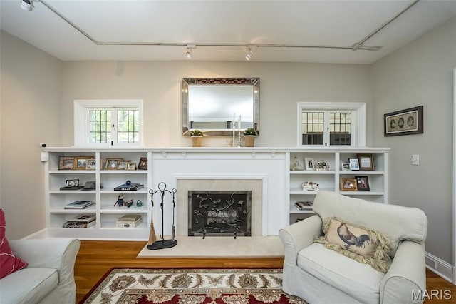 444 Algonquin Pl, Webster Groves, MO 63119 - living area featuring wood finished floors, rail lighting, and a fireplace with raised hearth