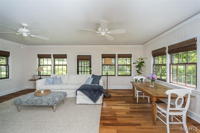 444 Algonquin Pl, Webster Groves, MO 63119 - living area with ornamental molding, ceiling fan, and plenty of natural light