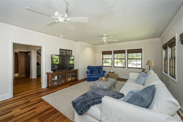 444 Algonquin Pl, Webster Groves, MO 63119 - living room with crown molding, ceiling fan, and wood finished floors