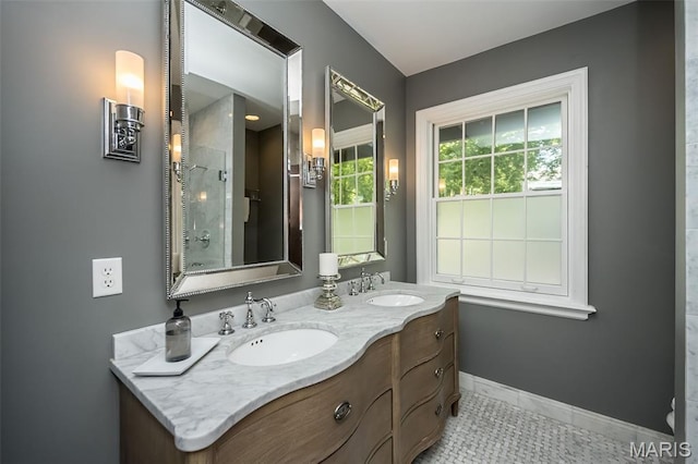 444 Algonquin Pl, Webster Groves, MO 63119 - bathroom with double vanity, a shower, and tile patterned flooring