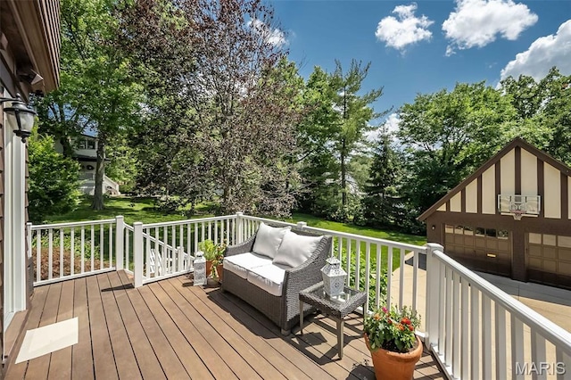 444 Algonquin Pl, Webster Groves, MO 63119 - wooden deck with an outdoor structure and view of scattered trees