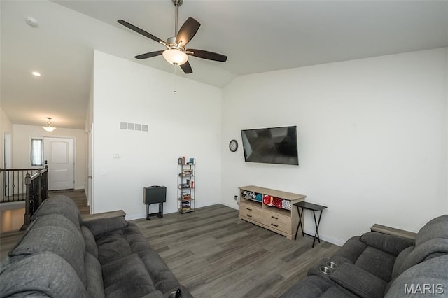 229 Essex Ct, Wright City, MO 63390 - living room featuring a ceiling fan, wood finished floors, and vaulted ceiling