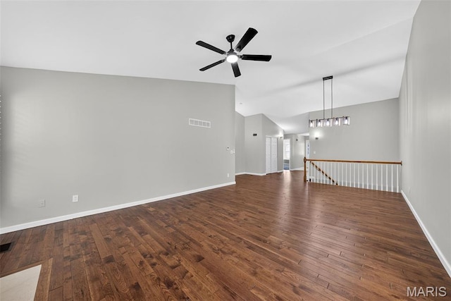 2417 S Lakeridge Ct Unit 14, Lake St Louis, MO 63367 - unfurnished living room featuring vaulted ceiling, ceiling fan, and wood finished floors