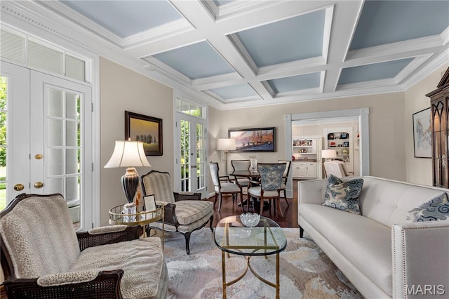 10420 Litzsinger Rd, Frontenac, MO 63131 - living room featuring french doors, coffered ceiling, wood finished floors, crown molding, and beam ceiling