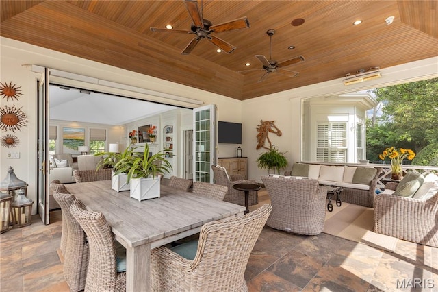 10420 Litzsinger Rd, Frontenac, MO 63131 - view of patio / terrace with an outdoor hangout area, ceiling fan, and outdoor dining area