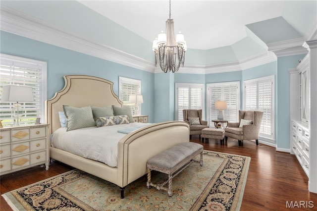 10420 Litzsinger Rd, Frontenac, MO 63131 - bedroom with a chandelier, dark wood finished floors, and ornamental molding