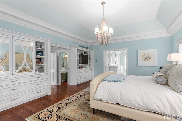 10420 Litzsinger Rd, Frontenac, MO 63131 - bedroom with a chandelier, dark wood-type flooring, crown molding, and ensuite bathroom
