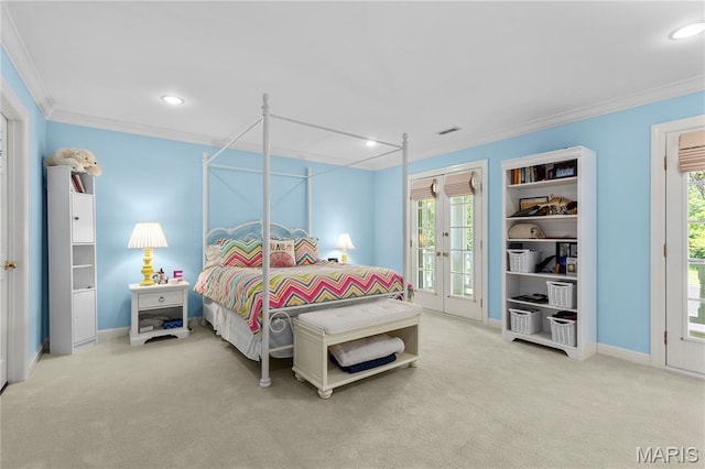 10420 Litzsinger Rd, Frontenac, MO 63131 - carpeted bedroom with crown molding, multiple windows, access to exterior, and recessed lighting