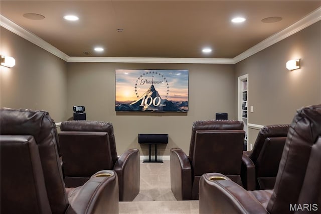 10420 Litzsinger Rd, Frontenac, MO 63131 - cinema with recessed lighting, ornamental molding, and light carpet