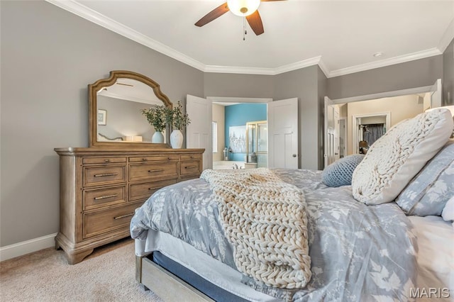 222 Austin Oaks Dr, Moscow Mills, MO 63362 - bedroom featuring ornamental molding, light carpet, a ceiling fan, and connected bathroom