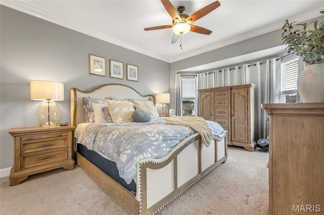 222 Austin Oaks Dr, Moscow Mills, MO 63362 - bedroom with light carpet, ornamental molding, and a ceiling fan