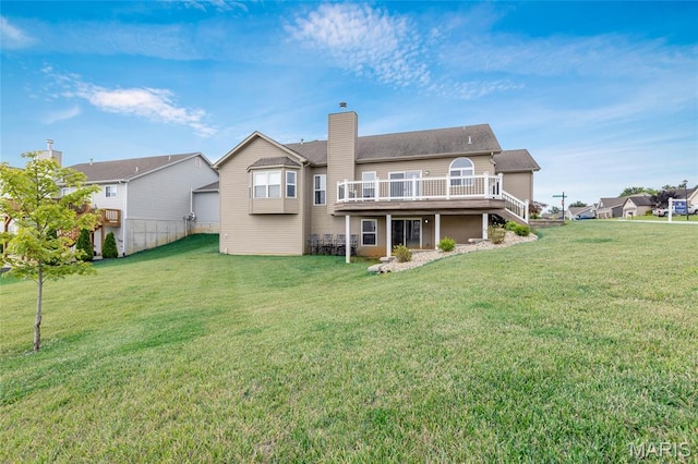 222 Austin Oaks Dr, Moscow Mills, MO 63362 - back of house with a wooden deck, a chimney, a lawn, and stairway