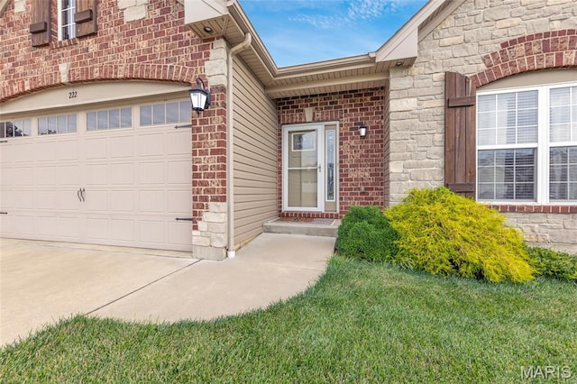 222 Austin Oaks Dr, Moscow Mills, MO 63362 - entrance to property with a garage, brick siding, and stone siding