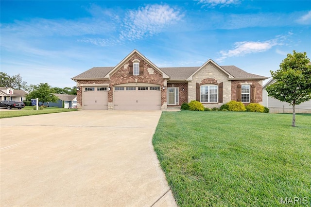 222 Austin Oaks Dr, Moscow Mills, MO 63362 - view of front of property featuring brick siding, concrete driveway, a front yard, an attached garage, and roof with shingles