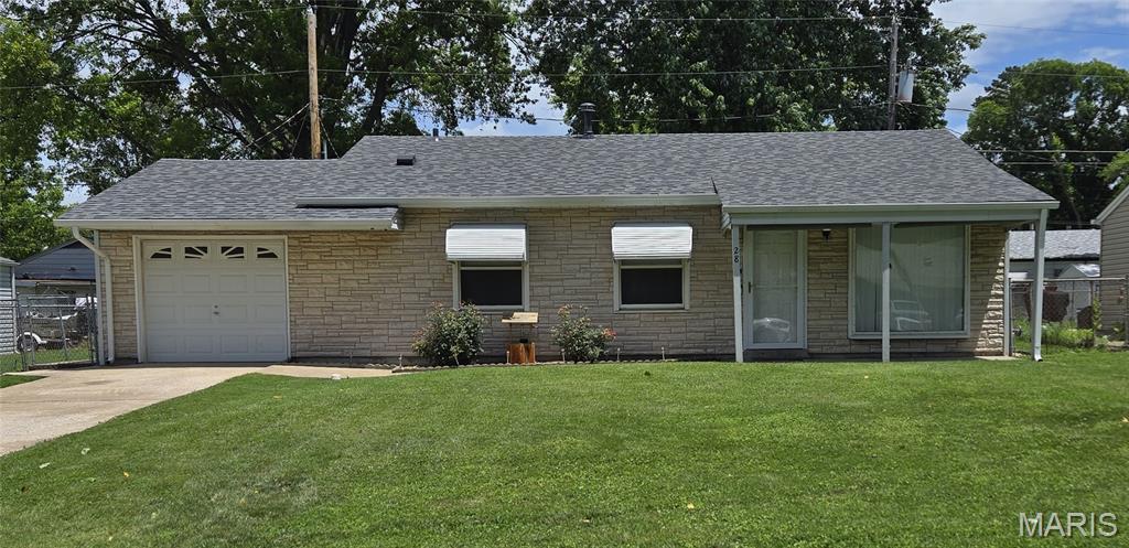 28 Steeplechase Dr, Saint Peters, MO 63376 - view of front of property with roof with shingles, a garage, stone siding, and driveway