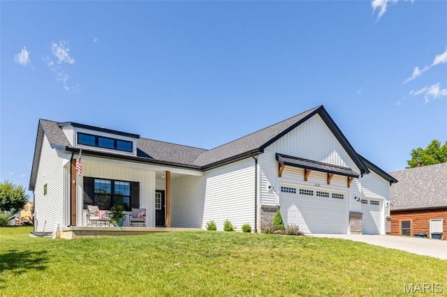 10523 Village Ln, Foristell, MO 63348 - modern inspired farmhouse featuring an attached garage, a front lawn, concrete driveway, and board and batten siding