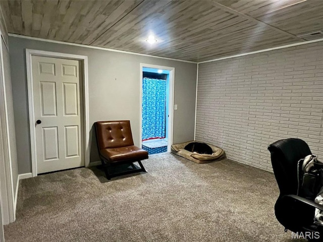 320 N Dickerson St, Palmyra, MO 63461 - sitting room with carpet floors, brick wall, and crown molding