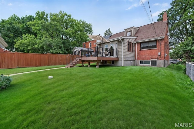 6580 Oleatha Ave, Saint Louis, MO 63139 - rear view of property with a fenced backyard, a deck, a chimney, stairway, and brick siding