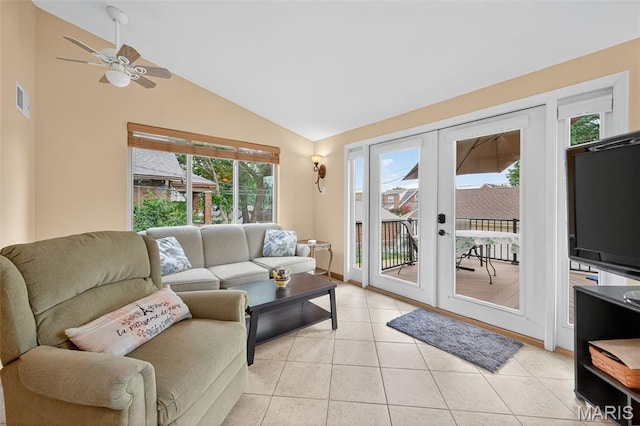 6580 Oleatha Ave, Saint Louis, MO 63139 - living area with ceiling fan, light tile patterned flooring, french doors, and high vaulted ceiling