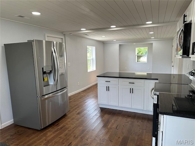 401 Clara St, Potosi, MO 63664 - kitchen featuring appliances with stainless steel finishes, dark countertops, a peninsula, dark wood-style flooring, and white cabinetry