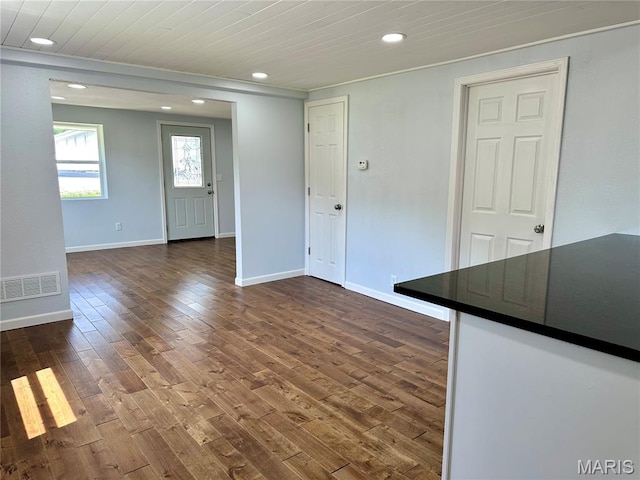401 Clara St, Potosi, MO 63664 - unfurnished living room featuring recessed lighting, dark wood-type flooring, and wood ceiling